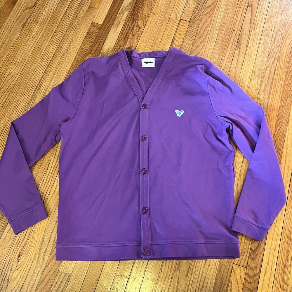 Sigrun Sweater Mens Large Purple V neck Cardigan Sweatshirt